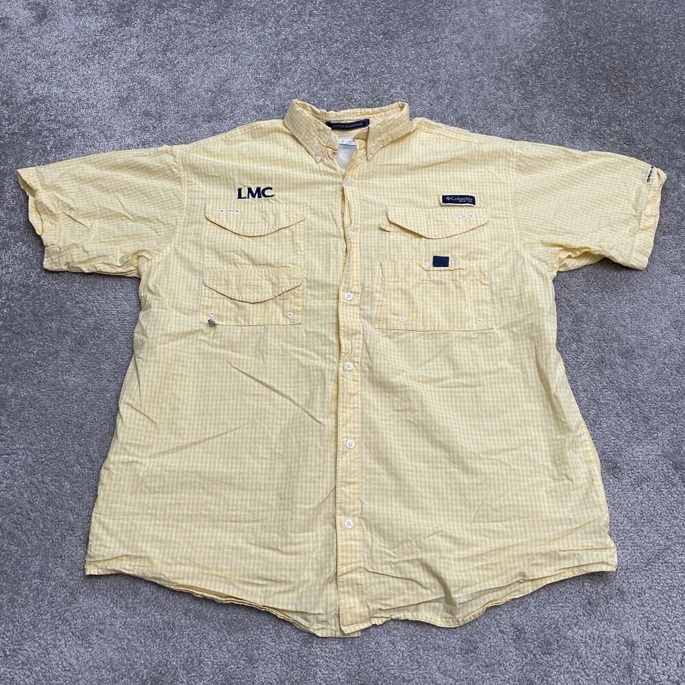 Columbia PFG Omni Shade Super Bonehead Shirt Mens Large Yellow White Check Top